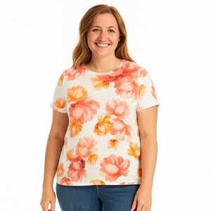 𝅺Croft & Barrow Floral Tee, Coral & Orange, Size XL